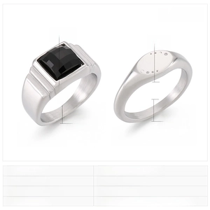 Detail of square black stone signet ring and minimalist band in silver steel