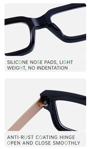 Detail of black glasses frame showing anti-rust gold hinges and silicone nose pads