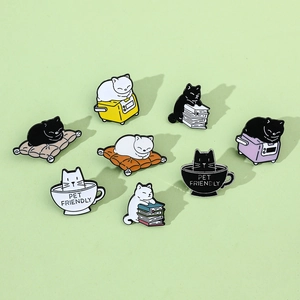 Cute Cartoon Cat Enamel Brooch Pins Alloy Cat Reading Book Drinking Coffee Design For Backpack Clothing Decoration
