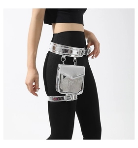 Detailed view of silver metallic leg-thigh bag with adjustable belt and square pouch