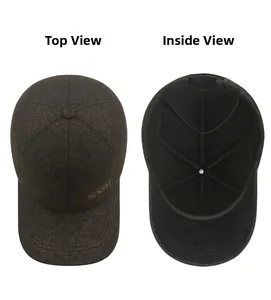 Detail view of winter baseball cap showing top fabric texture and black inner lining