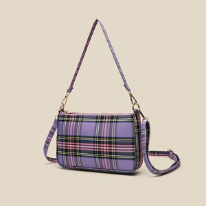 Vintage purple plaid baguette bag with gold metal zipper and detachable shoulder strap