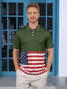 Close-up of military green and US flag patchwork polo shirt with button placket