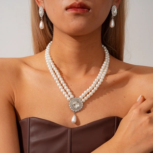 Double-layer pearl necklace with turquoise rhinestone pendants and matching earrings set