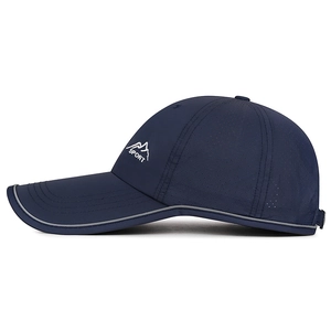 Dark blue quick-dry outdoor sports cap with long brim, reflective edges and breathable mesh
