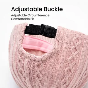 Pink knit baseball cap featuring an adjustable black strap buckle for custom fit