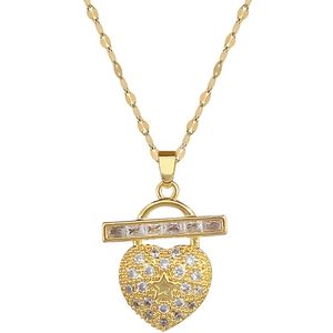 Gold titanium steel necklace featuring a crystal heart and bar pendant with star detail