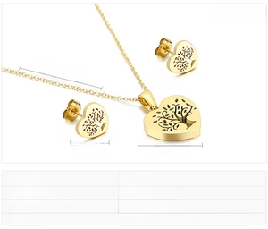Detailed view of golden stainless steel heart-shaped Tree of Life necklace and earrings set