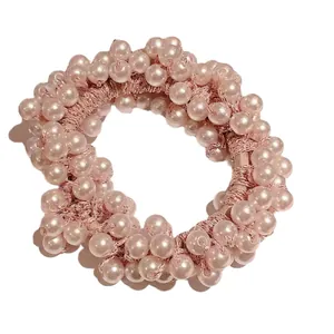 Pink pearl elastic hair tie and bracelet accessory with Korean style beaded cluster design