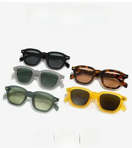 Detailed display of vintage square sunglasses in five colors including tortoiseshell and yellow