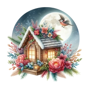 Christmas snowy cabin wall decal with pink peonies and full moon on night sky background