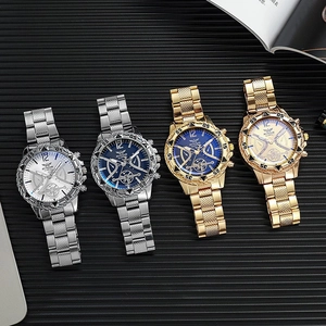 Detail of luxury men's quartz watches with gold and silver steel bands on a black surface