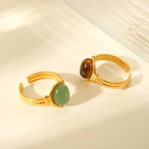 French vintage stainless steel rings with tiger eye and green stones in gold finish