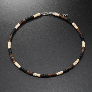 Detail of handmade coconut shell beaded necklace with adjustable silver lobster clasp