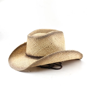 Cappello da cowboy vintage in rafia con tesa invecchiata e sottogola regolabile