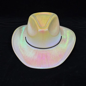 Detailed top view of a holographic LED cowboy hat with iridescent diamond texture
