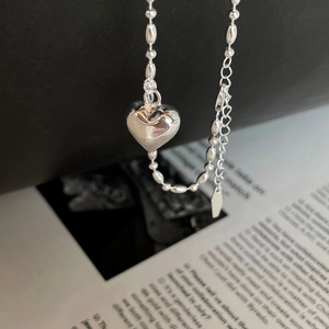 925 Sterling silver heart pendant bracelet with olive bead chain for trendy women