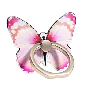 Close-up of butterfly phone ring holder with pink gradient wings and metallic D-ring stand