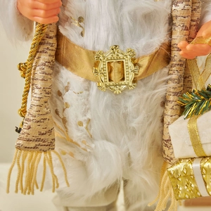 Luxuriöse goldene Weihnachtsmann-Figur mit weißem Kunstfellmantel und Geschenkzubehör