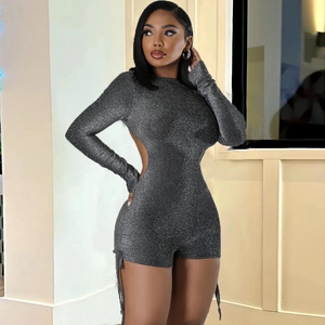 Sexy Women Shimmer Metallic Long Sleeve Romper Hollow Out Backless Drawstring Tight Club Jumpsuit