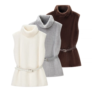 Gilet En Fausse Fourrure Pour Femmes Col Montant Sans Manches Avec Ceinture Couleur Unie Veste D'Hiver