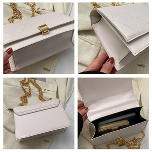 Detail views of off-white quilted crossbody bag with gold chain and interior storage