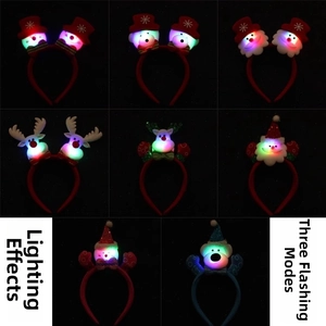 Macro detail of glowing LED Christmas headbands with reindeer antlers and holiday patterns