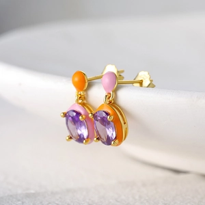 Vintage S925 silver asymmetric moon star earrings with colorful enamel and purple gemstones