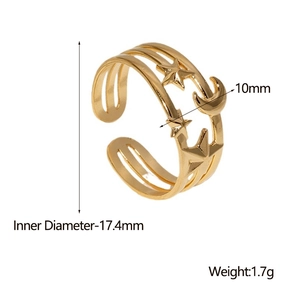 Detailed size specifications for 18K gold star and moon adjustable stainless steel ring