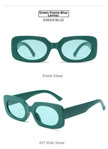 Front and 45-degree side views of dark green rectangle sunglasses with blue lenses
