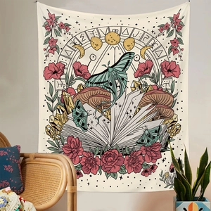 Detail of bohemian butterfly tapestry with moon phase and vintage floral design