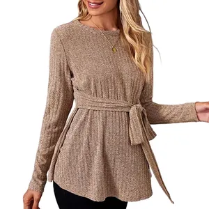 Maternity Knit Top Ribbed Long Sleeve Crew Neck Slim Fit Waist Tie Sweater For Pregnant Women