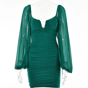 Detail of V-neck dark green bodycon dress featuring sheer mesh lantern sleeves and ruching