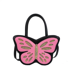 Unique black butterfly handbag with pink glitter wings and adjustable strap for women