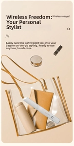 Portable wireless hair straightener inside a transparent bag with travel accessories