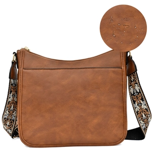 Detail showing waterproof brown PU leather shoulder bag with ethnic jacquard strap