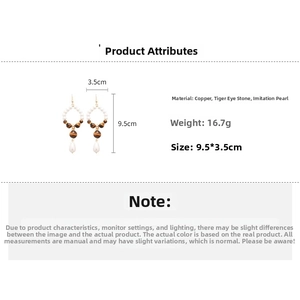 Detail showing copper tiger eye stone and pearl drop earring specifications and dimensions