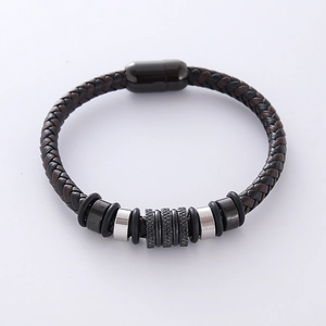 Double-layered braided leather bracelet with multi-color cords and magnetic clasp