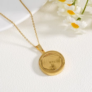 18K gold plated Guadalupe medal necklace with stainless steel cross chain on white background