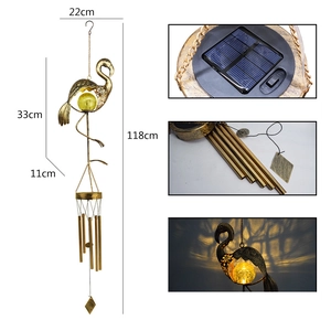 Detail of 118cm flamingo solar wind chime with bronze finish and yellow crackle glass ball