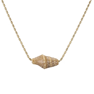 Minimalist gold beaded necklace with a natural beige ceramic conch shell pendant