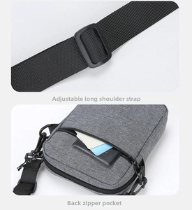 Detail of gray shoulder bag showing adjustable strap and back zipper pocket