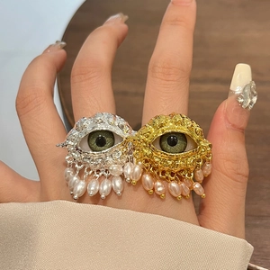 Evil Eye Ring Vintage Exaggerated Alloy Metal With Imitation Artificial Pearl Tassel Retro Adjustable Open Finger Ring For Women