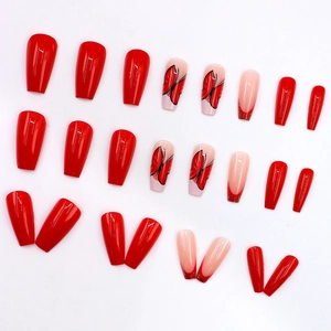 Elegant red coffin press-on nails with butterfly art and pink glitter french tips