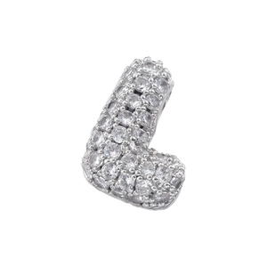 Macro shot of silver letter L pendant featuring micro-pave sparkling cubic zirconia stones