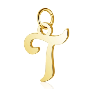 Detailed close-up of a polished golden stainless steel alphabet T charm pendant