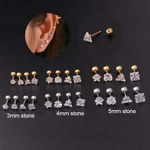 Boucles Oreilles Cartilage Piercing Zircon Géométrique Acier Inoxydable Fermoir À Vis Étoile Coeur Triangle Carré Bijoux