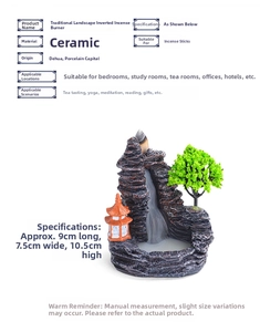 Detailed view of small resin backflow incense burner with mountain and red pavilion