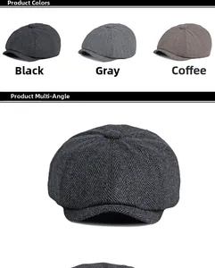 Detailed views of herringbone newsboy caps in black, grey, and coffee brown colors