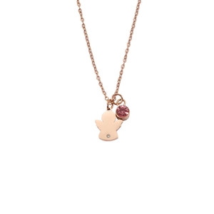 Rose gold angel pendant necklace with pink round crystal birthstone on white background